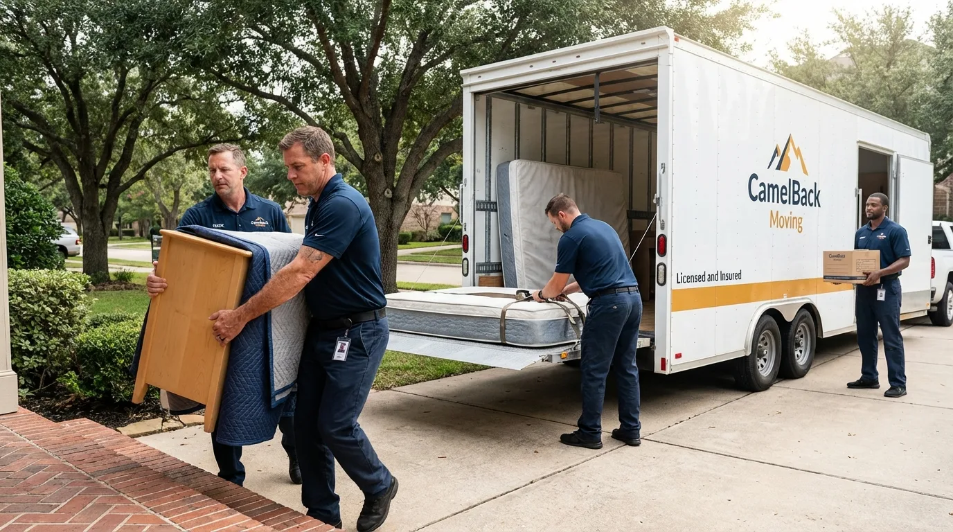 Crew loading residential truck for cross-state move from Poth, TX