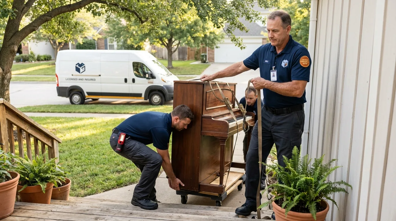 Licensed piano movers securing grand piano in Poth, TX