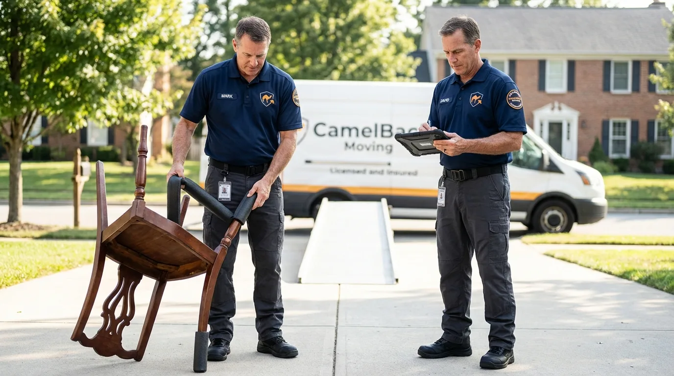 Movers inspecting furniture for damage prevention before loading in Poth, TX