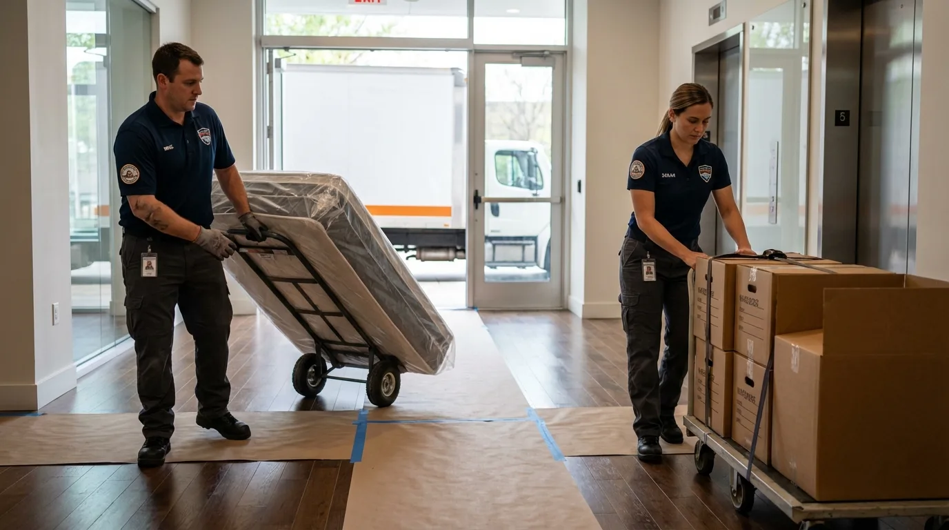 Professional apartment movers loading elevator in Poth, TX
